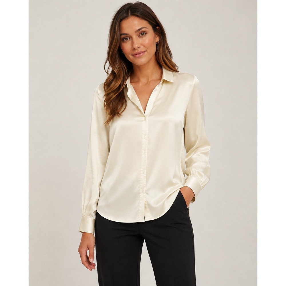 Hugo Boss Womens Silk Button Down Blouse Cream Black Piping Trim Size 4 US